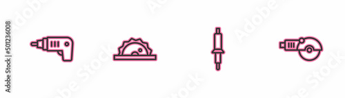 Set line Electric cordless screwdriver, Soldering iron, circular saw and Angle grinder icon. Vector