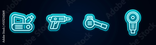 Set line Electric planer tool, cordless screwdriver, Leaf garden blower and Angle grinder. Glowing neon icon. Vector