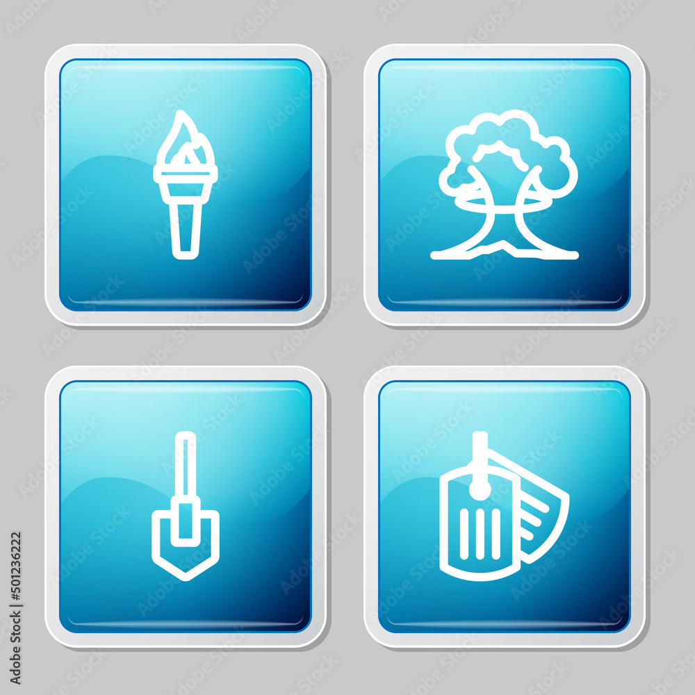 Set line Torch flame, Nuclear explosion, Shovel and Military dog tag icon. Vector