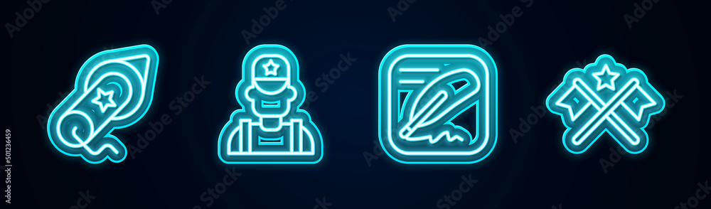 Set line Firework, Sheriff cowboy, Declaration of independence and American flag. Glowing neon icon. Vector Set line Firework, Sheriff cowboy, Declaration of independence and American flag. Glowing neon icon. Vector