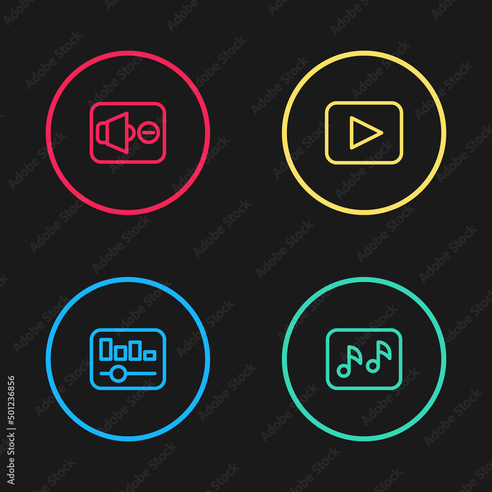 Set line Music equalizer, note, tone, Play button and Speaker mute icon. Vector Set line Music equalizer, note, tone, Play button and Speaker mute icon. Vector