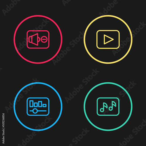 Set line Music equalizer, note, tone, Play button and Speaker mute icon. Vector