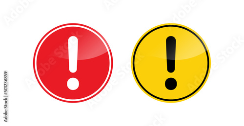 exclamation mark sign icon in yellow and red circle modern light frame , caution warning attention signs
