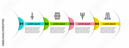 Set line Dagger, Gun powder barrel, Neptune Trident and Grave with tombstone. Business infographic template. Vector