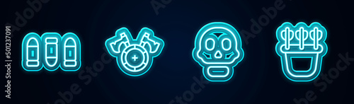 Set line Bullet, Medieval shield with axe, Skull and Quiver arrows. Glowing neon icon. Vector