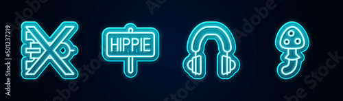 Set line No war, Peace, Headphones and Psilocybin mushroom. Glowing neon icon. Vector