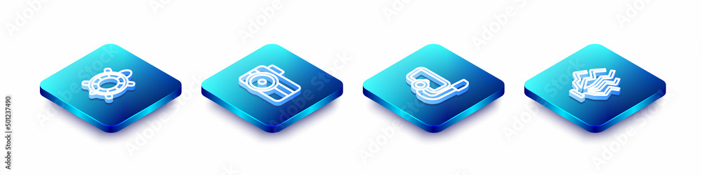 Set Isometric line Turtle, Photo camera for diver, Diving mask with snorkel and Coral icon. Vector Set Isometric line Turtle, Photo camera for diver, Diving mask with snorkel and Coral icon. Vector