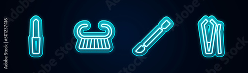 Set line Nail file, Pedicure brush or grater, Cuticle pusher and cutter. Glowing neon icon. Vector