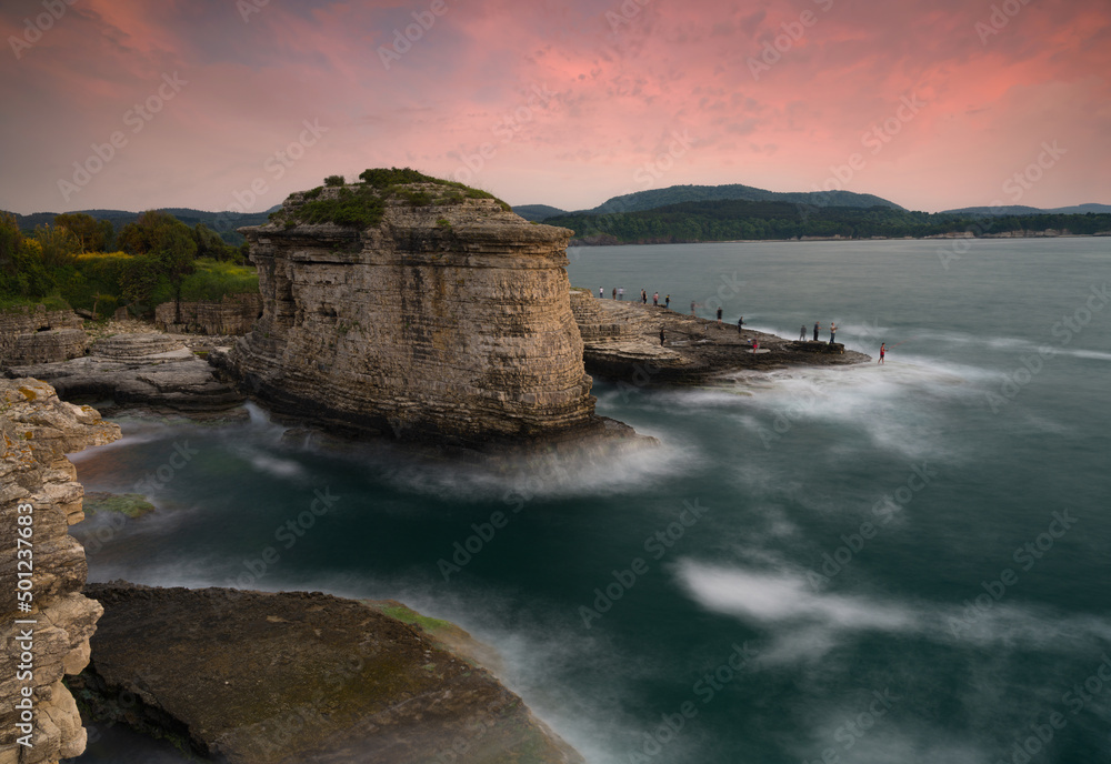 Kerpe Cliffs sunset. Spring season. Long exposure. The cliffs of the resort town of Kerpe on the Black Sea coast. Kocaeli -Turkey Kerpe Cliffs sunset. Spring season. Long exposure. The cliffs of the resort town of Kerpe on the Black Sea coast. Kocaeli -Turkey