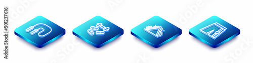 Set Isometric line Jump rope, Sports doping with dumbbell, Metal rack weight and Short pants icon. Vector