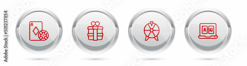 Set line Casino chip and playing cards, Gift box, Lucky wheel and Online poker table game. Silver circle button. Vector