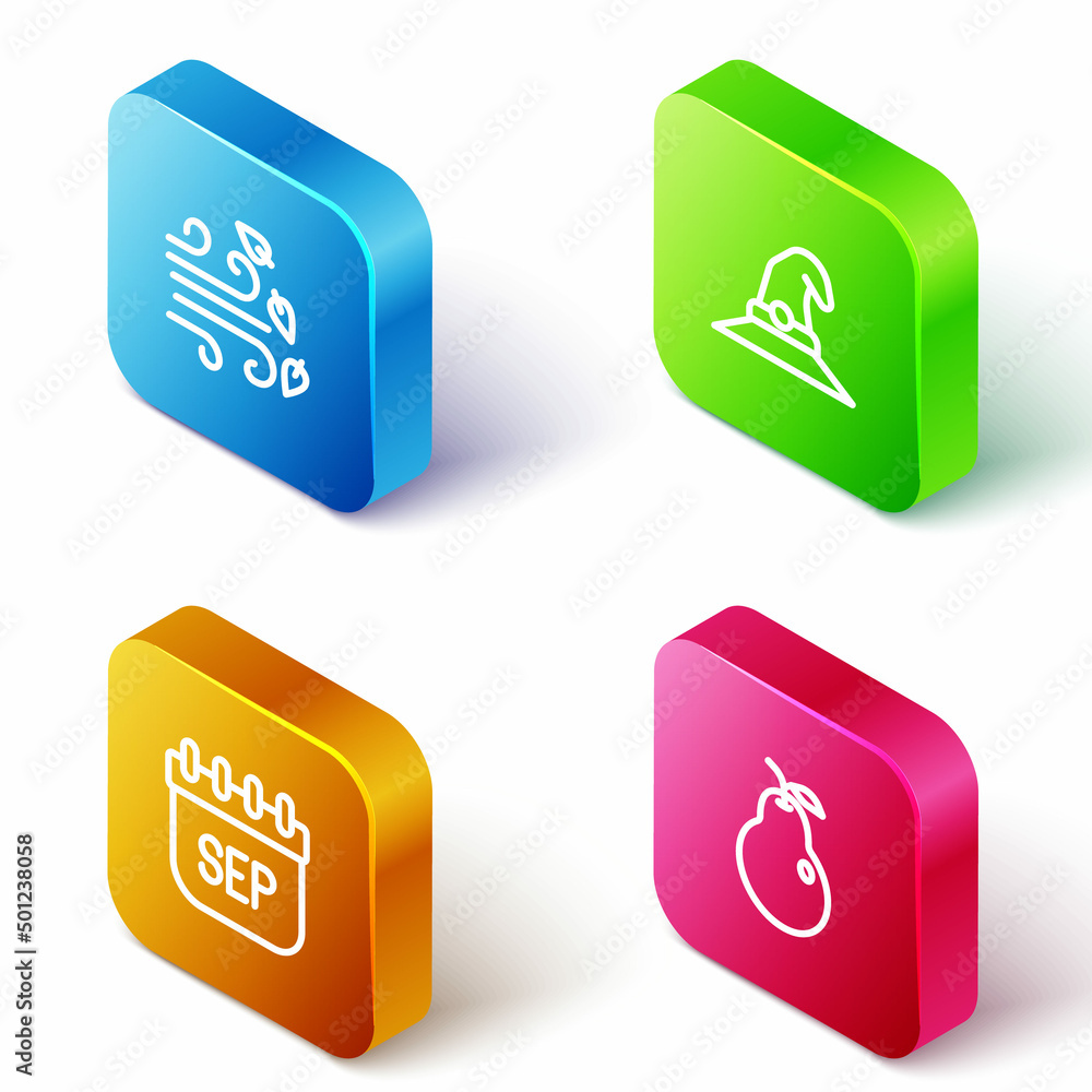 Set Isometric line Windy weather, Witch hat, September calendar autumn and Pear icon. Vector Set Isometric line Windy weather, Witch hat, September calendar autumn and Pear icon. Vector