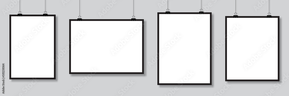 Set of mockups hanging on the wall. Vector poster mockup with white frame. Realistic empty banner. Vector illustration Set of mockups hanging on the wall. Vector poster mockup with white frame. Realistic empty banner. Vector illustration