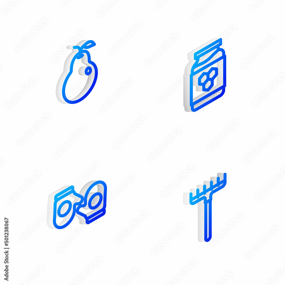 Set Isometric line Jar of honey, Pear, Christmas mitten and Garden rake icon. Vector Set Isometric line Jar of honey, Pear, Christmas mitten and Garden rake icon. Vector