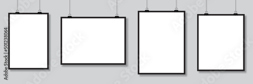 Set of mockups hanging on the wall. Vector poster mockup with white frame. Realistic empty banner. Vector illustration