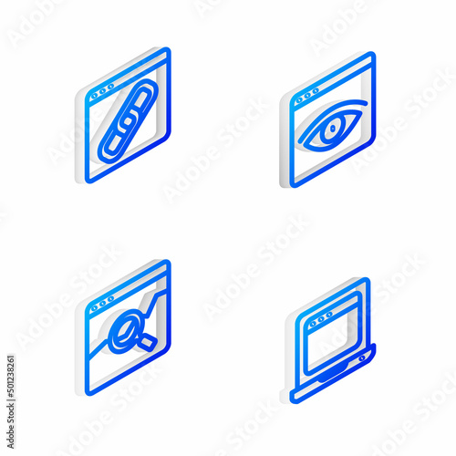 Set Isometric line Browser incognito window, Website with stocks market and Laptop browser icon. Vector © vector_v