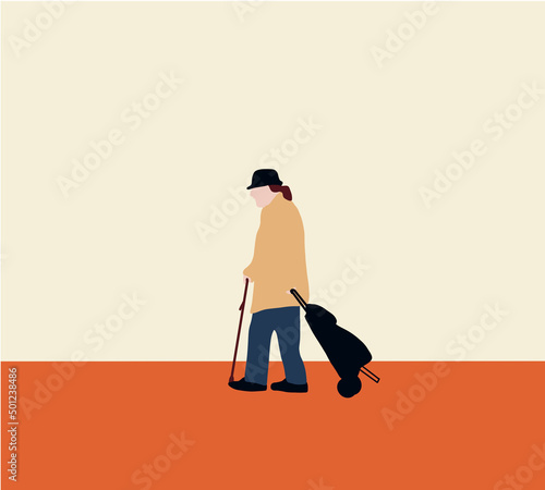 Old man with walking cane and shopping cart on footpath sidewalk in city. Flat style vector illustration