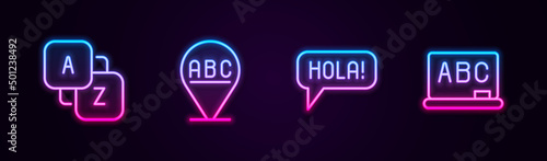 Set line Vocabulary, Alphabet, Hola in different languages and Chalkboard. Glowing neon icon. Vector