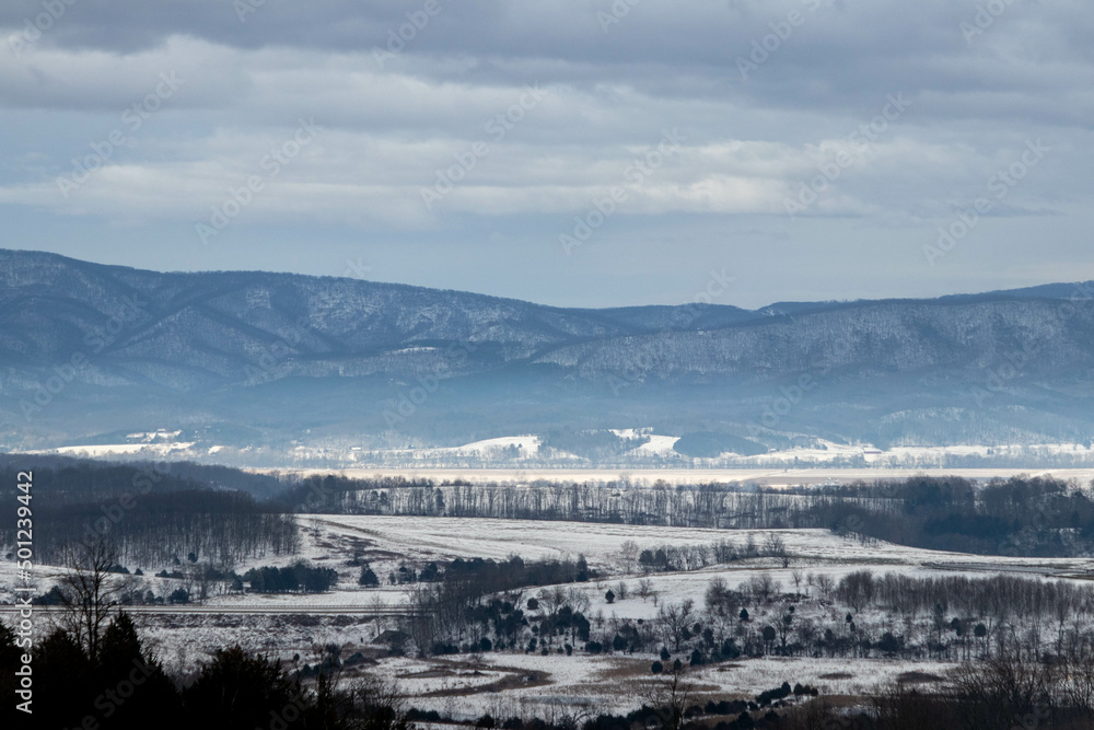 View of Cloudy Snow Covered Mountains in West Virginia in Winter