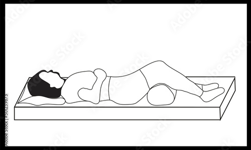 A schematically drawn woman lying in the correct sleeping position with a roller under her knees, on a mattress.