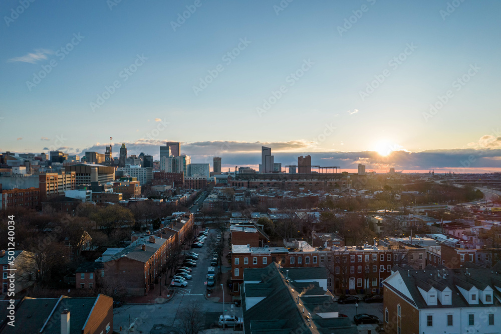 Aerial Drone View of Baltimore City Downtown at Sunrise