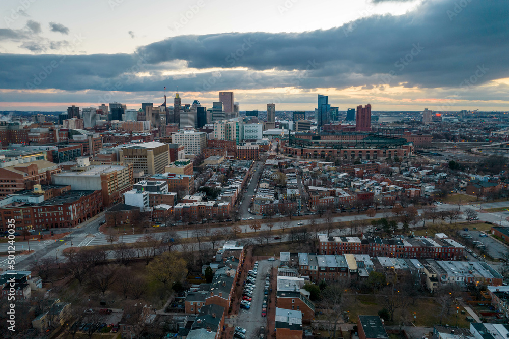 Aerial Drone View of Baltimore City Downtown at Sunrise