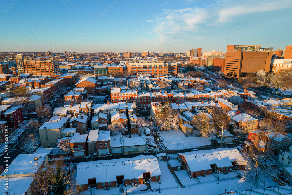 Aerial Drone View of Baltimore Snow Covered Houses at Sunset