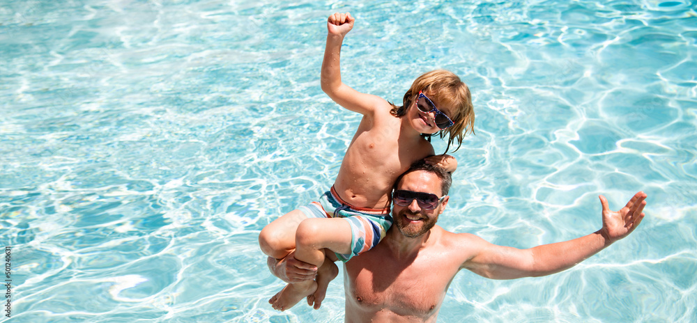 Father and son in pool. Pool resort. Boy with dad playing in swimming pool. Active lifestyle concept. Fathers Day. Banner for header, copy space. Poster for web design.