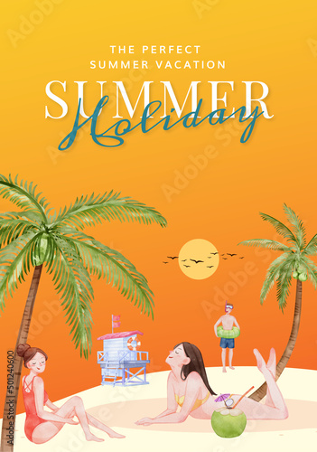 Poster template with enjoy summer holiday concept,watercolor style