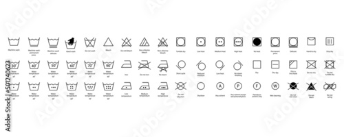 Laundry icons set for cloth design. Cleaning machine. Clothes care icons. Vector illustration. stock image.
