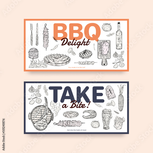 Twitter template with barbeque steak concept,drawing monochrome illustration