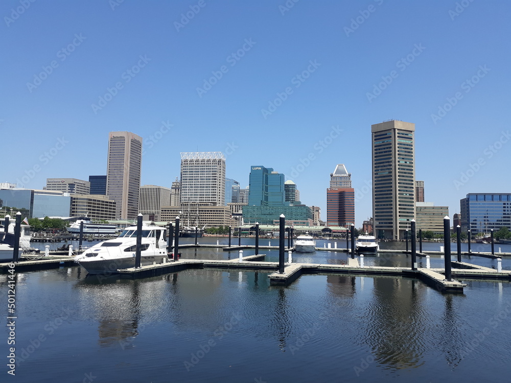 Skyline of Balitmore, Maryland with harbor in the foreground Skyline of Balitmore, Maryland with harbor in the foreground