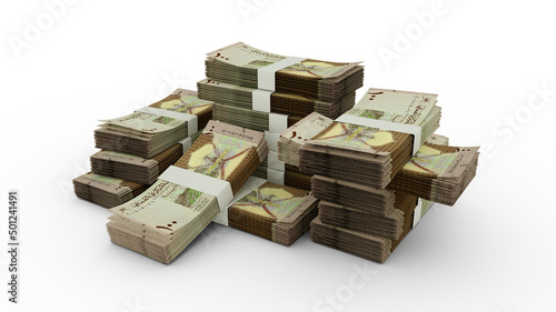 Omani rial notes. 3D rendering of bundles of banknotes