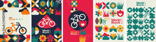 World bicycle day poster template. Book cover and background geometric shape. Vector illustration.