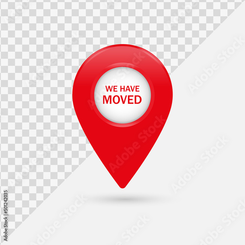 We have moved or new location pin icon in modern style with moving sign - 3d location icon - map pointer modern glossy frame