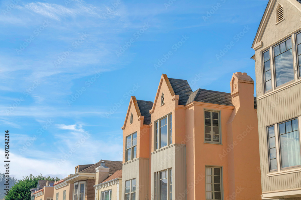 Neighborhood residential buildings on a low angle view at San Francisco, California