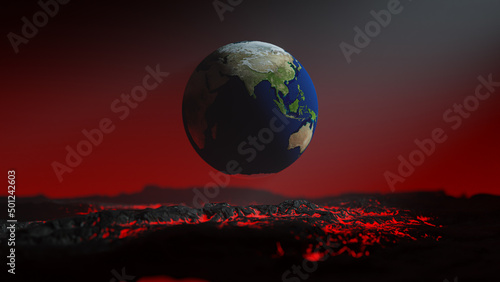 Global floating on red lava. Smoke and light from the side. Selective focus on the surface of the globe. Global warming idea concept, 3D Render.