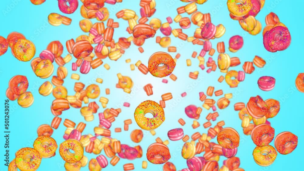 3d rain of glazed donuts falling on green screen background. Doughnuts