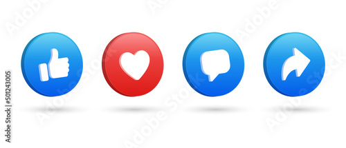 3d social media notification icons, Like love comment share buttons in 3d modern style, Thumb up and heart icon. like, forward, comment repost icon
