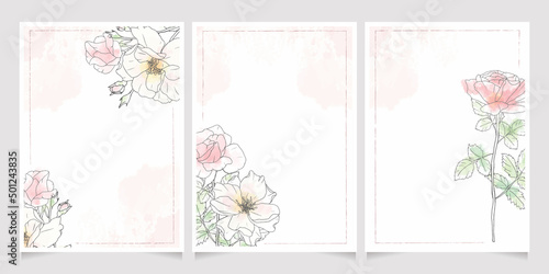 pink loose watercolor line art rose flower bouquet frame 5x7 invitation card wash splash background template collection