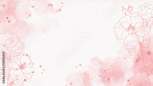 pink watercolor splash background with line art rose