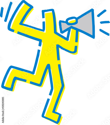 メガホンで応援する手描きの棒人間