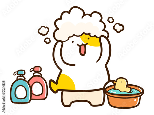 風呂場で頭を洗うかわいいねこのキャラクターの手書き風イラスト