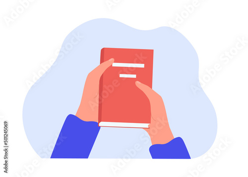 Hands of reader holding closed paper book for learning. Person reading literature from library, bookstore flat vector illustration. Knowledge concept for banner, website design or landing web page