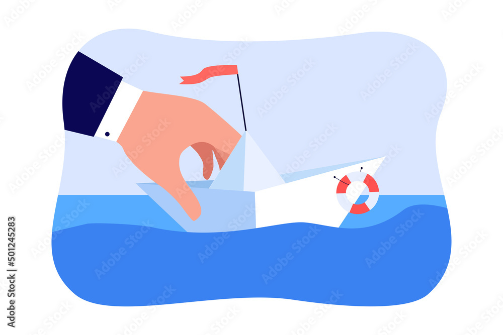 Hand of business leader holding paper sail boat with flag. Search of success strategy and opportunity by person flat vector illustration. Goal concept for banner, website design or landing web page Hand of business leader holding paper sail boat with flag. Search of success strategy and opportunity by person flat vector illustration. Goal concept for banner, website design or landing web page