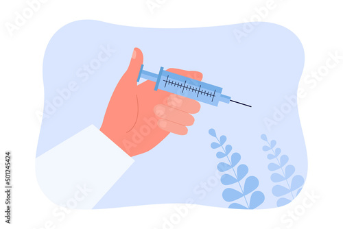 Doctors hand holding syringe to inject medicine to patient. Treatment, care and immunization of person flat vector illustration. Hospital concept for banner, website design or landing web page