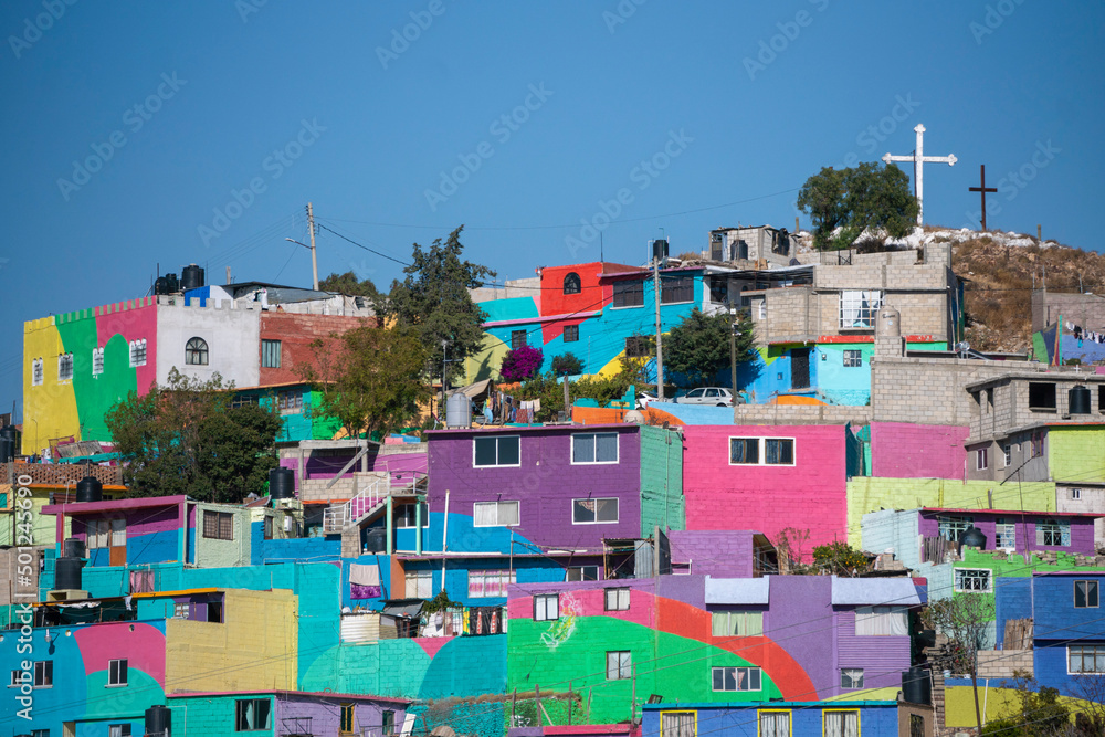 Macromural in Pachuca de Soto - Colorful buildings in Cubitos district in Pachuca, Hidalgo state, Mexico