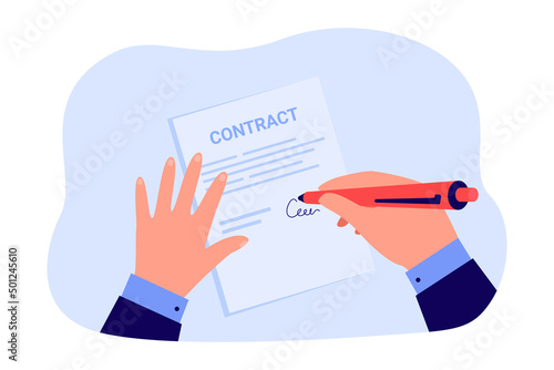 Businessman signing contract. Hands of person holding pen and paper document to sign over agreement flat vector illustration. Signature, deal concept for banner, website design or landing web page