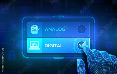Digital transformation. Digitization of business processes and technology. Analog or Digital choice concept. Hand on virtual touch screen ticking the check mark on Digital button. Vector illustration.