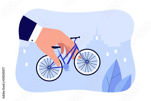 Hand of businessman holding bicycle for city ride. Person using sharing rental system flat vector illustration. Eco transport, rent bike concept for banner, website design or landing web page